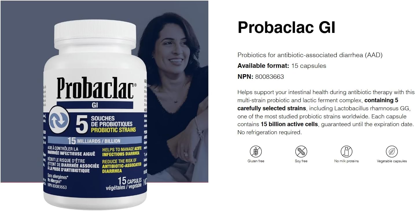 Probaclac GI probiotic for diarrhea, Multi-strain probiotic and lactic ferment complex (5 strains).