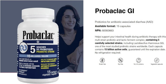 Probaclac GI probiotic for diarrhea, Multi-strain probiotic and lactic ferment complex (5 strains).