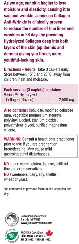 Jamieson 抗皺水解維麗素膠原蛋白 2,500 毫克，經臨床研究，28 天內減少細紋和皺紋，提升肌膚彈性。非基因改造，無麩質，60 粒膠囊，加拿大製造