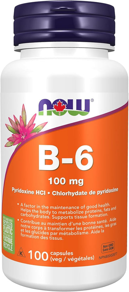 NOW Supplements, 维生素 B-6（盐酸吡哆醇）100 毫克，心血管健康，100 粒素食胶囊