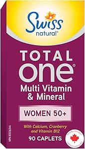Swiss Natural Total One Multi Vitamin & Mineral | Women 50+ with Calcium, Cranberry & Vitamin B12, Without Iron | Daily Maintenance for Overall Health | No Preservatives or Dairy | 90 Caplets