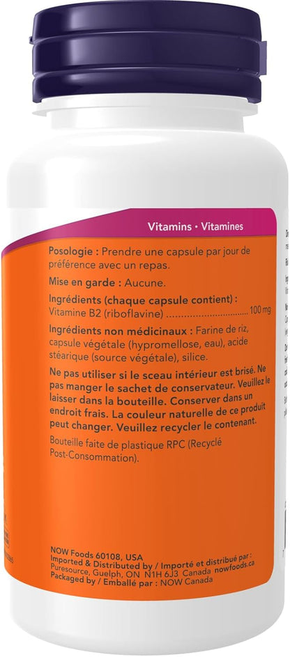 NOW Supplements, 维生素 B-2（核黄素）100 毫克，能量生成，100 粒素食胶囊