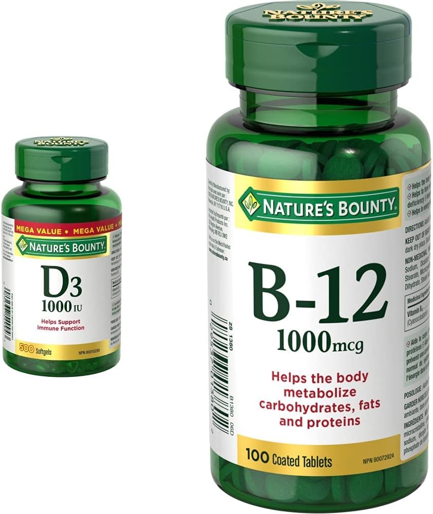 Nature's Bounty 维生素 D3（1000IU，500 粒软胶囊）和维生素 B12（1000mcg，100 片）套装