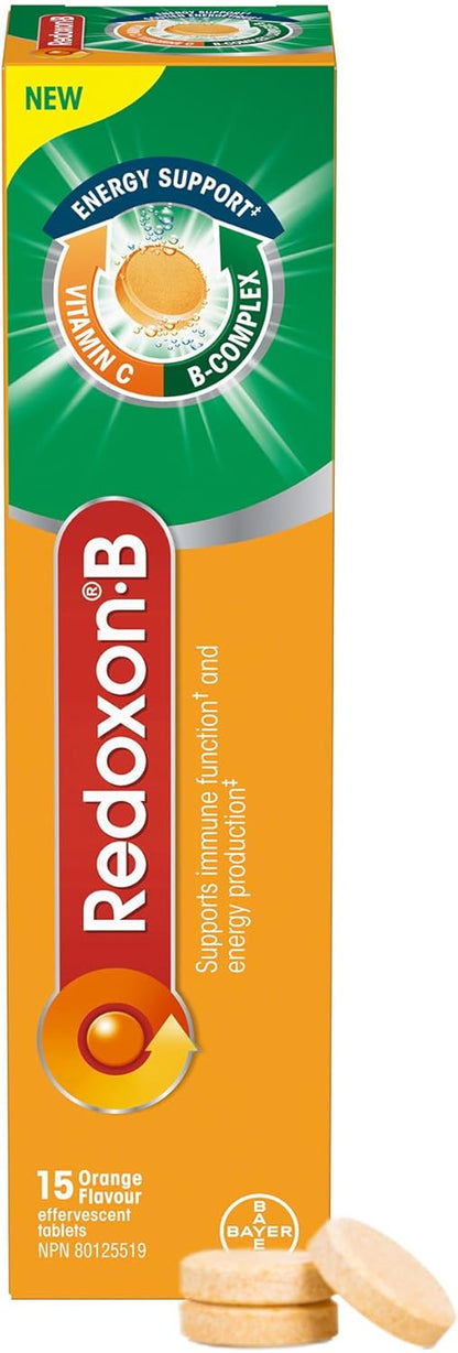Redoxon® 維生素 B 群加維生素 C 泡騰片，用於增強免疫力和產生能量，15 片橙味片劑