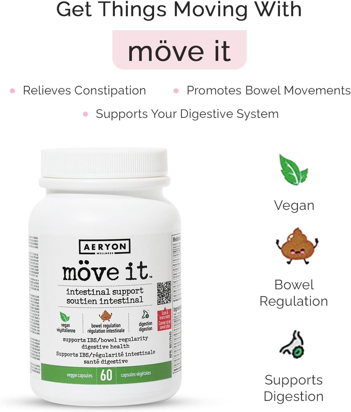 Möve it 全天然无泻药大便软化剂，Aeryon Wellness 出品 | 加拿大制造 | 含消化酶，缓解肠易激综合征 (IBS) | 缓解腹胀，恢复肠道健康 | 天然结肠清洁剂（60 粒素食胶囊）