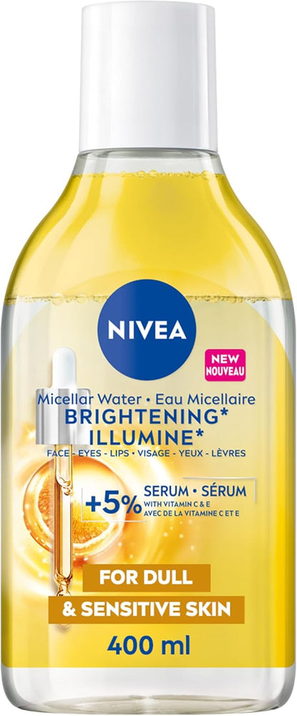 NIVEA Skin Brightening* Micellar Water for Dull and Sensitive Skin, Eyes, Lips and Face Cleanser with Vitamin C, Vitamin E and Amino Acid Complex for a More Radiant-Looking Complexion, 400mL