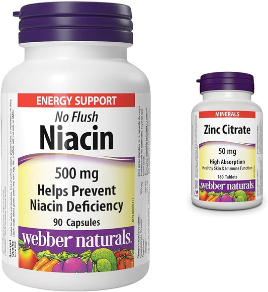 Webber Naturals 菸鹼酸 500 毫克，90 粒膠囊，無潮紅，維生素 B3 補充劑，支持能量產生和代謝，檸檬酸鋅 50 毫克，180 片，有益於皮膚健康和免疫支持，純素