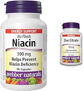Webber Naturals 烟酸 500毫克，90粒胶囊，不引起潮红，维生素B3补充剂，支持能量产生和新陈代谢；以及柠檬酸锌 50毫克，180片，有益于健康皮肤和免疫支持，纯素。