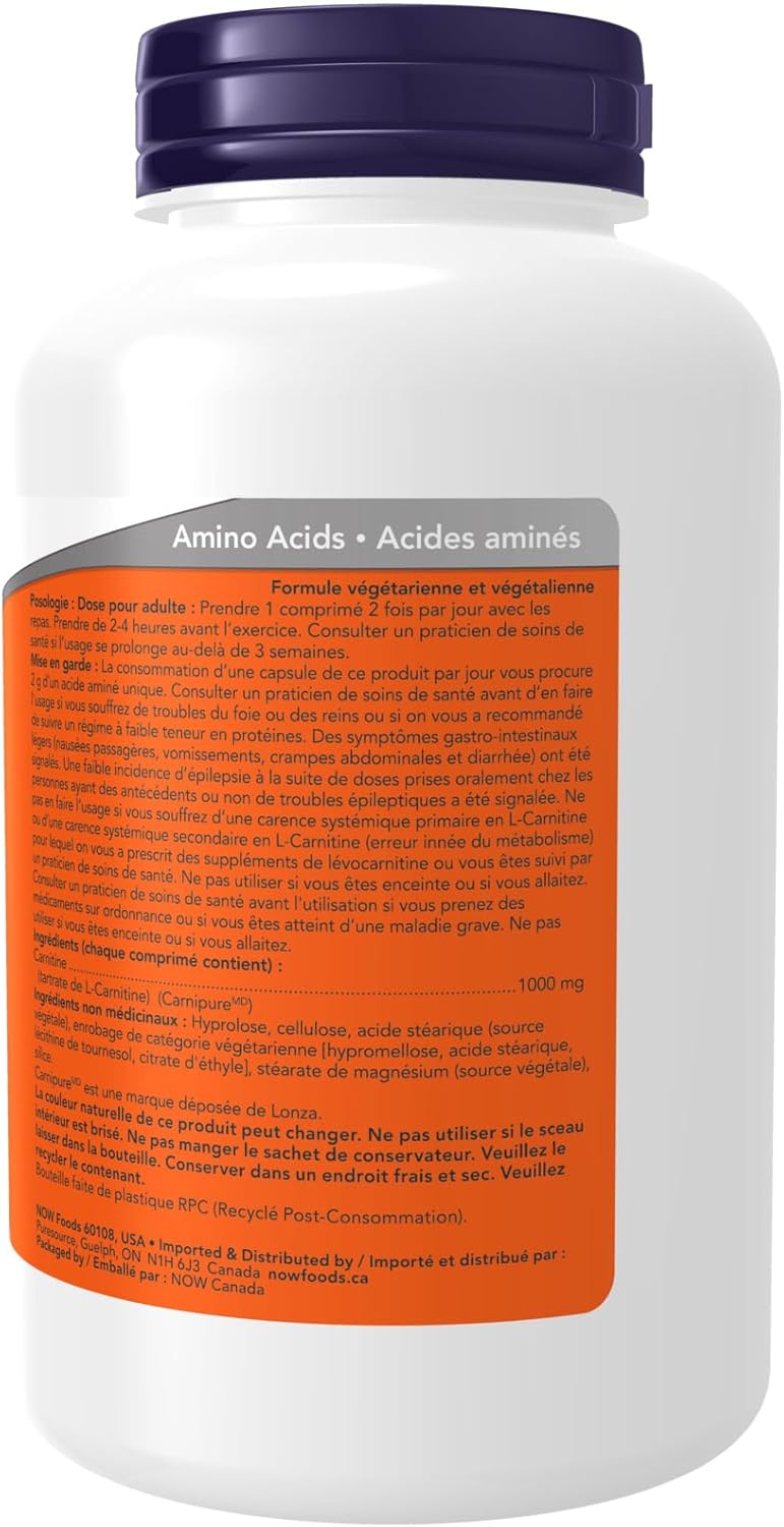 NOW Supplements，雙倍強度左旋肉鹼 1,000 毫克，最純淨形式，胺基酸，健身支持，100 片
