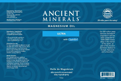 Ancient Minerals 镁油喷雾 ULTRA，含 MSM - 纯 Zechstein 外用氯化镁补充剂，添加 OptiMSM 功效 - 补充装 33.8 盎司（1 升）
