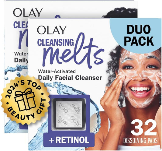 Olay Face Wash, Retinol Cleansing Melts, Fragrance-Free, Daily Use Gentle Cleanser, For All Skin Types, Travel Size, Water-Activated to Clean, Tone, and Refresh, 64 Count (2 Pack x 32 Count)