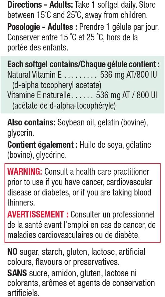 Jamieson 強效維生素 E 800 國際單位軟膠囊，天然抗氧化劑，有助於預防組織損傷和維生素 E 缺乏症。不含麩質，不含人工香料、色素或防腐劑，50 粒裝，加拿大製造