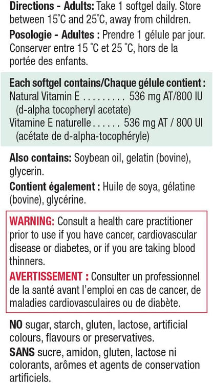 Jamieson 強效維生素 E 800 國際單位軟膠囊，天然抗氧化劑，有助於預防組織損傷和維生素 E 缺乏症。不含麩質，不含人工香料、色素或防腐劑，50 粒裝，加拿大製造