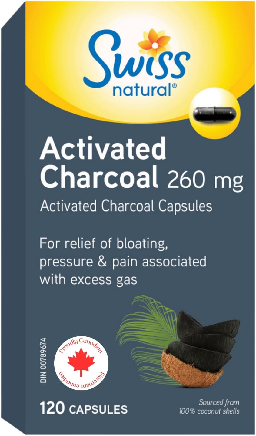 Swiss Natural® Activated Charcoal, 260mg | Relief for Bloating, Gas & Digestive Discomfort | 100% Coconut Shell Sourced | No Dairy, Gluten, or Preservatives | 120 Capsules