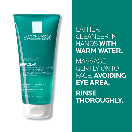 La Roche Posay Effaclar Micro-Peeling Purifying Gel Cleanser Acne Treatment. 2% salicylic acid face & body wash with niacinamide. Unclogs pores, exfoliates, acne marks. Oil-free, sensitive skin, 200ML