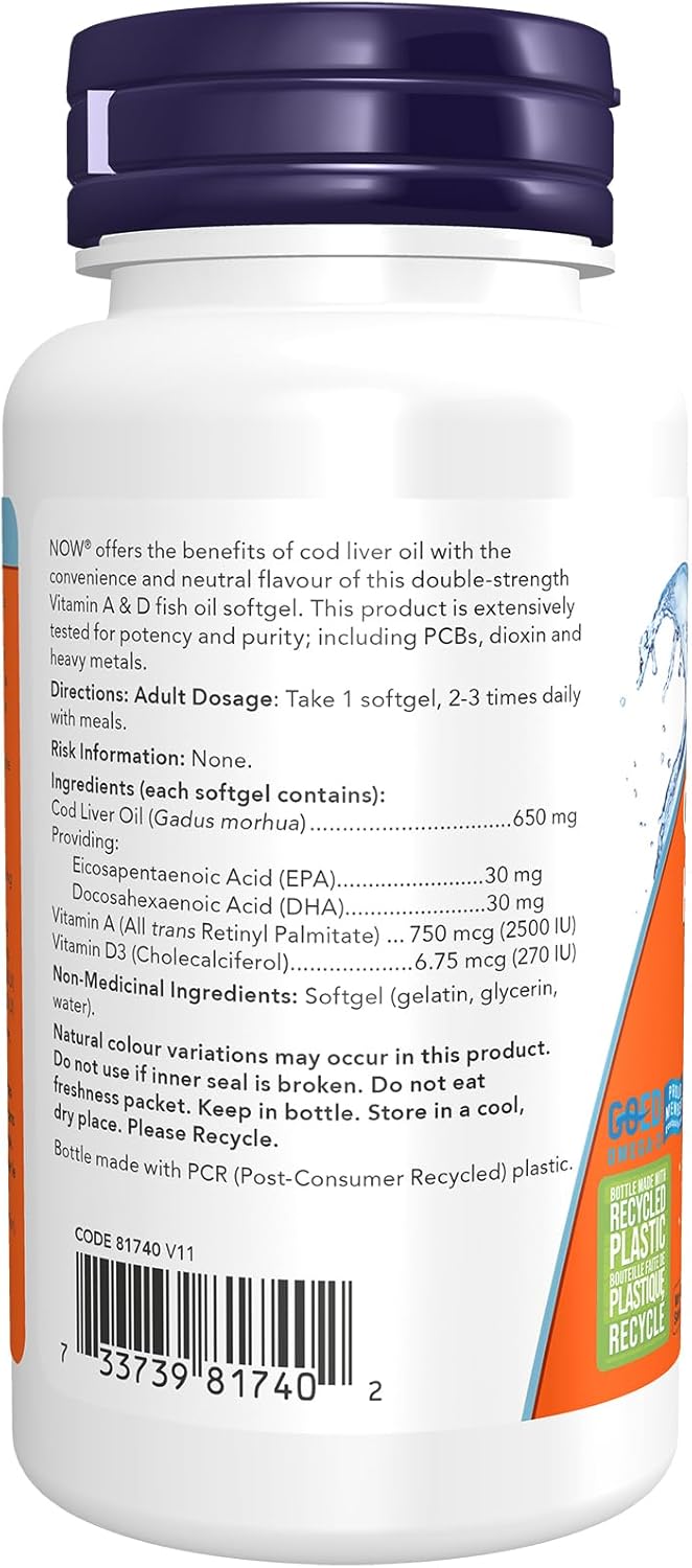 NOW Supplements，鳕鱼肝油 650 毫克，维生素 A 和 D-3 的优质来源，100 粒软胶囊
