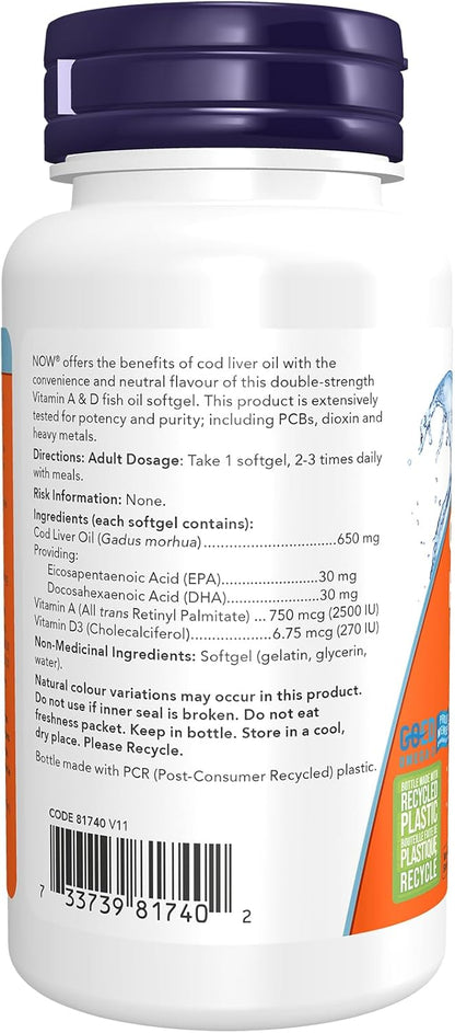 NOW Supplements，鳕鱼肝油 650 毫克，维生素 A 和 D-3 的优质来源，100 粒软胶囊