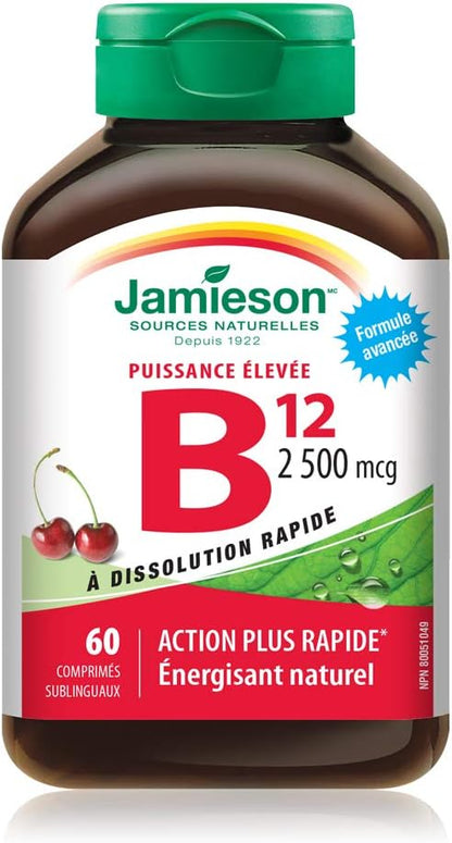 Jamieson 維生素 B12 2,500 微克速溶舌下片，天然櫻桃味，含甲鈷胺，促進能量生成和代謝。素食，無麩質，不含人工色素、香精或防腐劑…