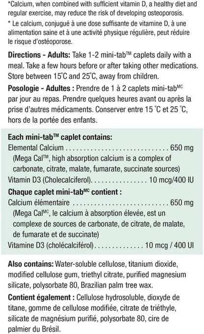 Jamieson Mega Cal 鈣錠 650 毫克，含 400 國際單位維生素 D3，高吸收率，5 種鈣源，支持骨骼健康，有助於預防骨質疏鬆症和骨質流失。易於吞嚥，素食，非基因改造，無麩質，120 粒裝…