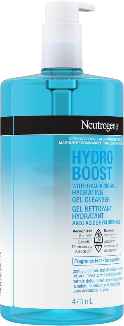 Neutrogena Hydro Boost Fragrance-Free Hydrating Cleansing Gel, Foaming, Facial Cleanser, Hyaluronic Acid, Paraben Free, 473-mL