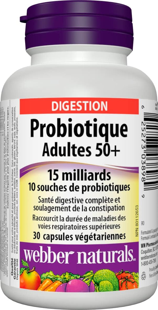 Webber Naturals Probiotic Adult 50+, 15 Billion Active Cells, 10 Probiotic Strains, 30 Capsules, For Digestive Health and Constipation Relief, Vegan