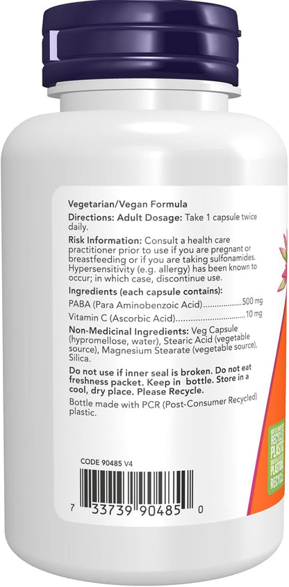 NOW Supplements, PABA（对氨基苯甲酸）500毫克，B族维生素，100粒胶囊