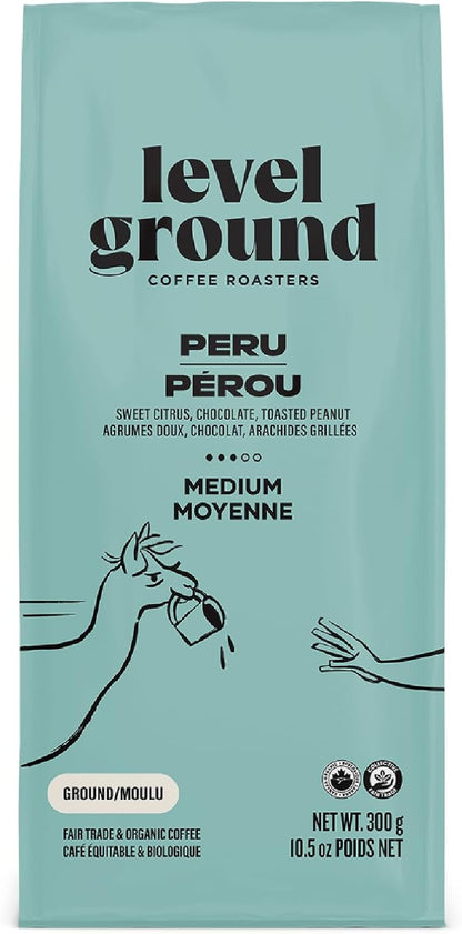 平磨咖啡 - 秘鲁单一产地 - 中度烘焙，研磨 - 公平贸易，有机，犹太洁食 - 特色咖啡 - 适合滴滤咖啡、法压壶咖啡、手冲咖啡 - 口味咸香，丝滑，可可 - 300克/10.5盎司