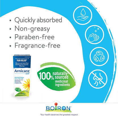 Boiron 山金车凝胶 75 克，缓解疼痛。山金车凝胶可缓解肌肉疼痛和关节疼痛。它还能促进因跌倒、撞击、钝性损伤或手术引起的瘀伤和炎性水肿的吸收。