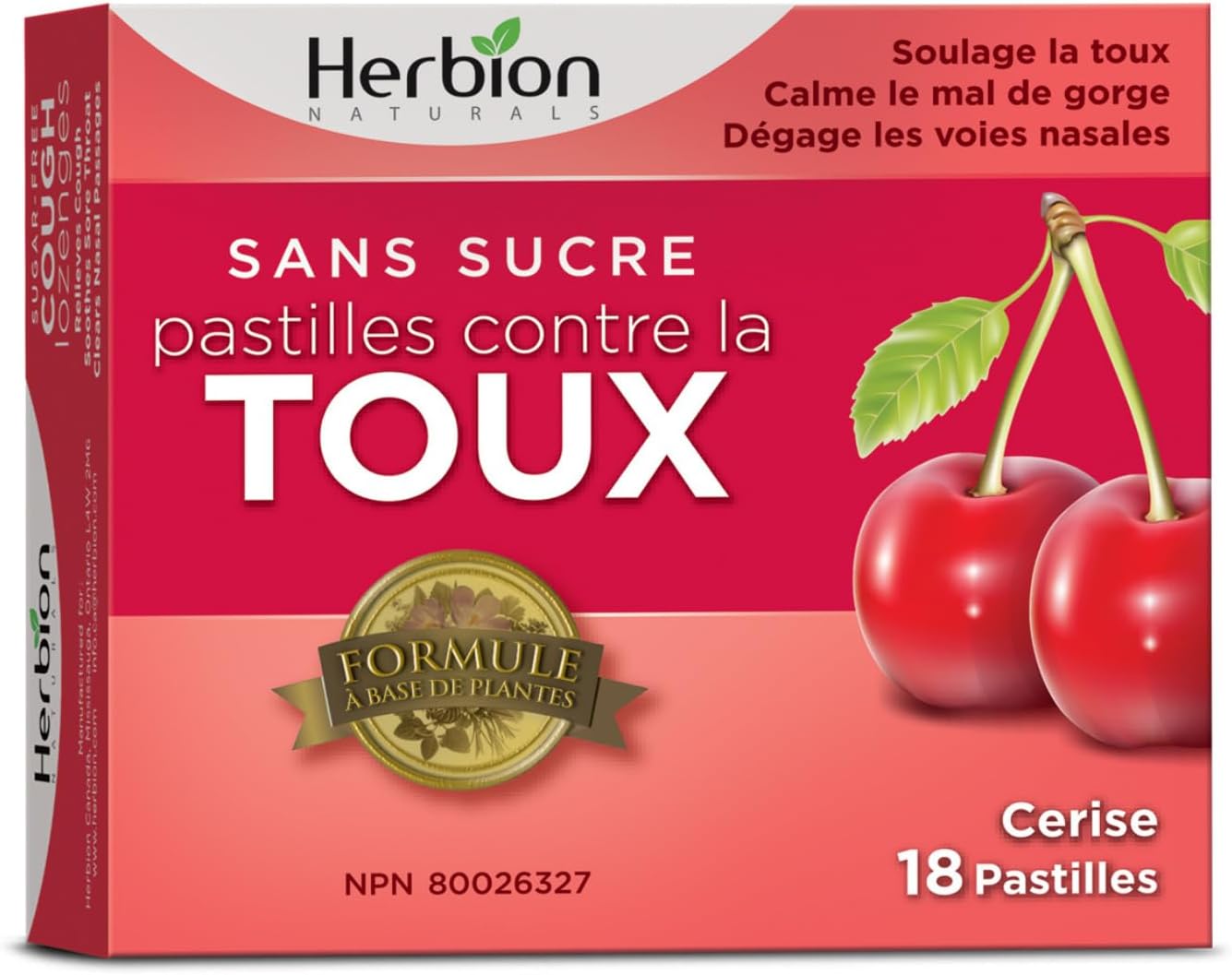 Herbion Naturals 无糖止咳润喉糖，天然樱桃味，18 粒润喉糖 - 缓解咳嗽和鼻塞；舒缓咽喉痛；适用于成人和 12 岁及以上儿童