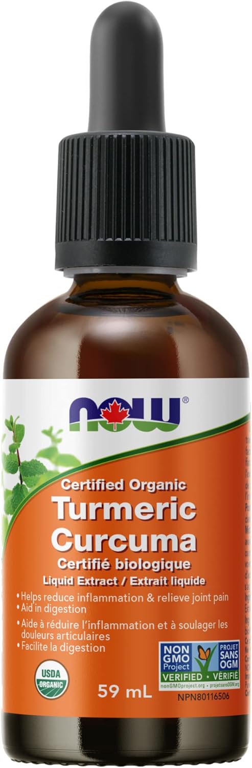 NOW Supplements，經有機認證和非基因改造計畫驗證的薑黃萃取物，阿育吠陀草藥，液體萃取物，有機薑黃根，59毫升