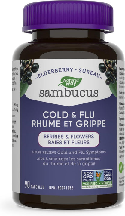 Nature's Way 接骨木免疫原性感冒和流感護理接骨木軟糖和接骨木感冒和流感護理膠囊，90 粒素食膠囊，經過非基因改造項目驗證