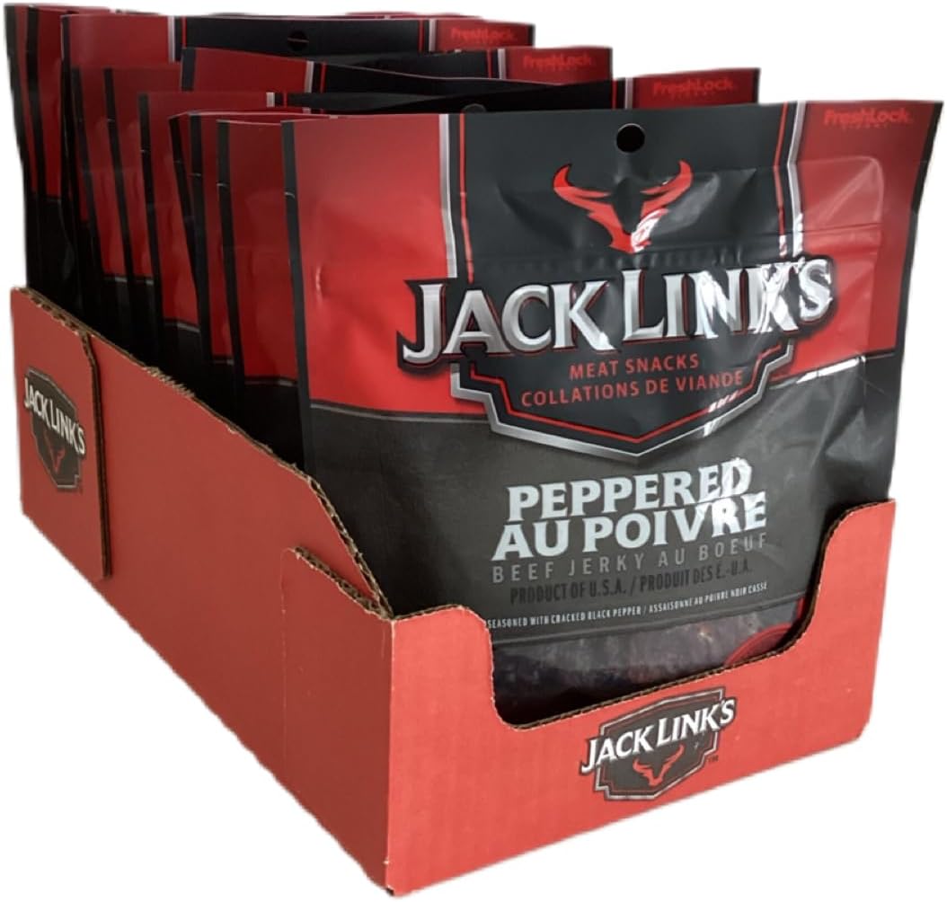 Jack Link's Beef Jerky, Peppered, 80g (Pack of 12) - High Protein, Low Fat