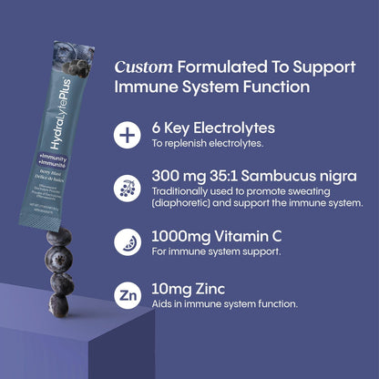 HydraLyte Plus Immunity - Electrolytes + Vitamin C Powder + Elderberry (Sambucus Nigra 35:1 Concentrated Black Elderberry Powder) + Zinc - Daily Hydration Powder With Immune Support for Ages 19+
