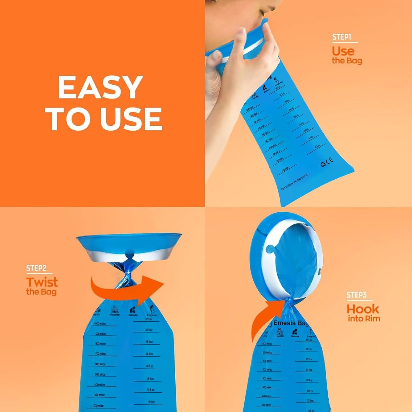 Hion 拋棄式嘔吐袋 – 62 包 1000 毫升嘔吐袋 – 防漏，醫用級，便攜 – 非常適合暈車、暈機、孕婦