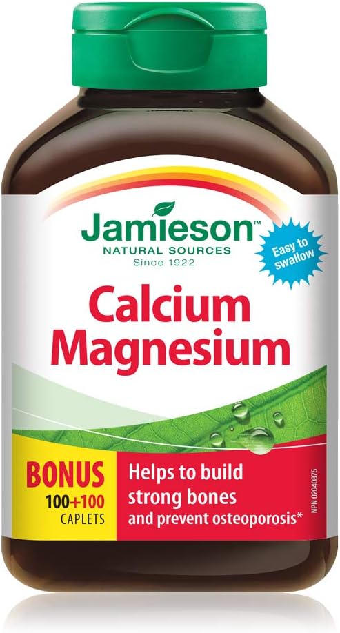 Jamieson 鈣 333 毫克，含鎂 167 毫克，高吸收率，支持骨骼健康和肌肉功能，有助於預防骨質疏鬆和骨質流失。易吞嚥，非基因改造，無麩質，200 粒膠囊，加拿大製造