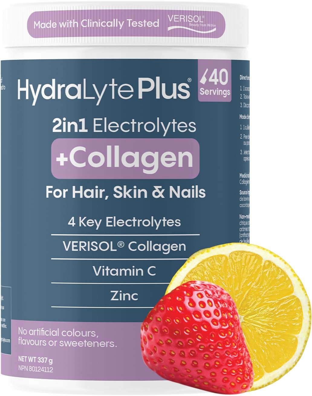 HydraLyte Plus 膠原蛋白粉，電解質 + VERISOL 膠原蛋白，適用於頭髮、皮膚和指甲，每日保濕粉，膠原蛋白勝肽，維生素 C 和鋅（草莓檸檬水口味，40 份）