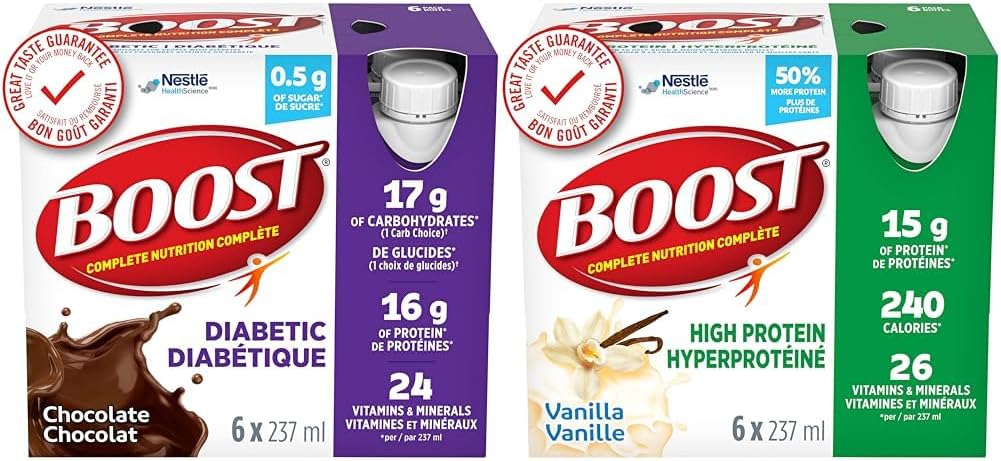 BOOST 糖尿病营养补充剂，巧克力味，24 x 237 毫升 & 高蛋白代餐饮料，香草味，237 毫升，6 包（4 包）