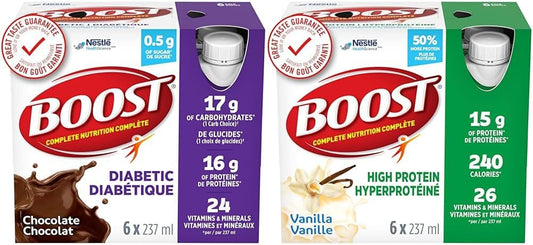 BOOST 糖尿病营养补充剂，巧克力味，24 x 237 毫升 & 高蛋白代餐饮料，香草味，237 毫升，6 包（4 包）