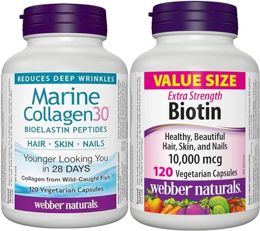 Webber Naturals Collagen30 海洋生物彈性蛋白勝肽,500 毫克 Collactive 海洋膠原蛋白勝肽和 10,000 微克生物素,120 粒膠囊,支持健康的頭髮、皮膚和指甲