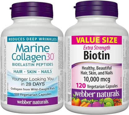 Webber Naturals Collagen30 海洋生物彈性蛋白勝肽，500 毫克 Collactive 海洋膠原蛋白勝肽和 10,000 微克生物素，120 粒膠囊，支持健康的頭髮、皮膚和指甲