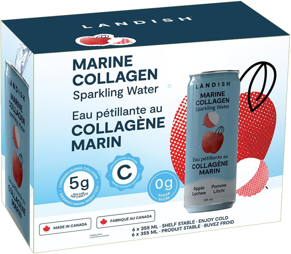 Landish Marine Collagen Sparkling Water Drink - Apple Lychee Flavour - 5 g Wild Canadian Marine Collagen - 0 g Sugar - 355 ml (6-Pack)
