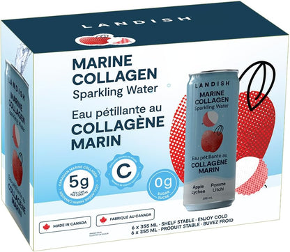 Landish Marine Collagen Sparkling Water Drink - Apple Lychee Flavour - 5 g Wild Canadian Marine Collagen - 0 g Sugar - 355 ml (6-Pack)