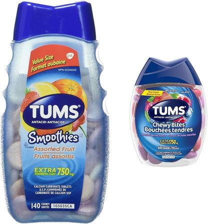 TUMS 強效冰沙，緩解胃灼熱，什錦水果味，140 片裝，以及軟糖，什錦漿果味，緩解胃灼熱的抗酸劑，60 片裝