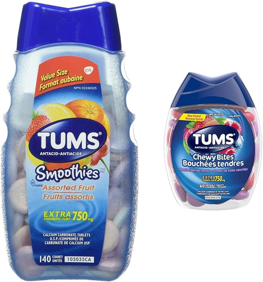TUMS 強效冰沙，緩解胃灼熱，什錦水果味，140 片裝，以及軟糖，什錦漿果味，緩解胃灼熱的抗酸劑，60 片裝