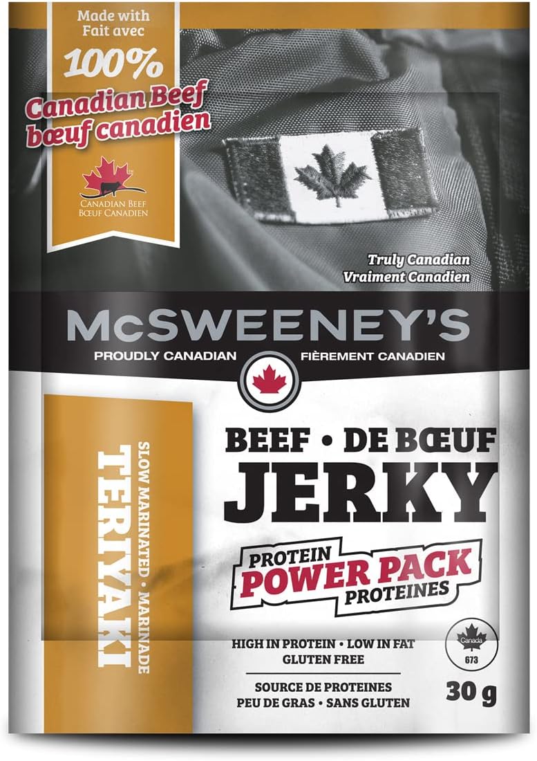 McSweeney's Slow Marinated Teriyaki Beef Jerky Power Pack. 100% Made in Canada. School Snacks, Gluten Free, High Protein Snacks, Low Fat, Naturally Smoked. 30g (Pack of 12)