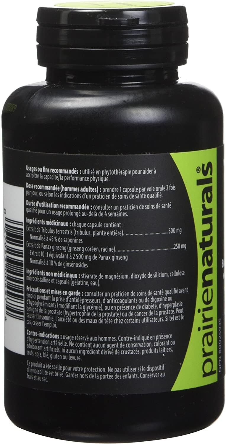 Prairie Naturals Trib Force 蒺藜和保加利亞蒺藜膠囊 - 增強體能。人參。健康的血糖水平。認知功能。緩解精神疲勞。非基因改造。無麩質。無酵母。無乳製品 - 60 攝氏度…
