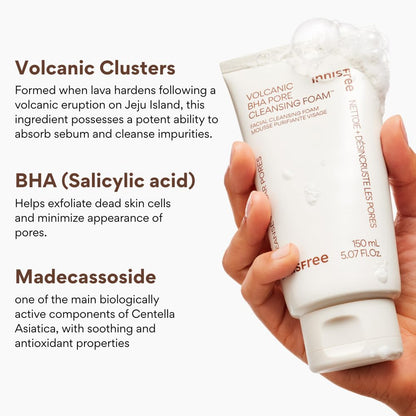 innisfree Volcanic BHA Pore Cleansing Foam, Korean Face Wash with Salicylic Acid, Oil Control, Deep Clean, Pore Care, Sulfate-Free Formula