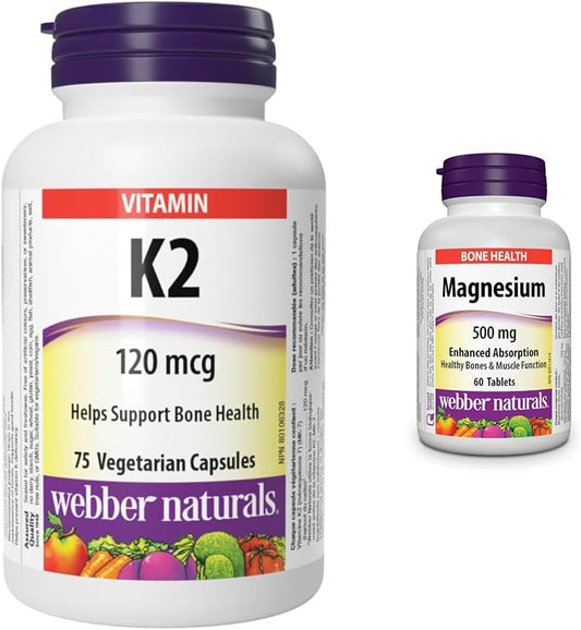 Webber Naturals Vitamin K2 120 mcg, 75 Capsules, MK-7 Formula, Helps Support Bones, Vegan & Magnesium 500 mg, 60 Tablets, Enhanced Absorption Mineral, Supports Bone and Muscle Functions, Vegan