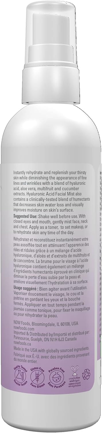 NOW Solutions, Hyaluronic Acid Hydration Facial Mist with Aloe Vera and Cucumber Extracts, 118ml