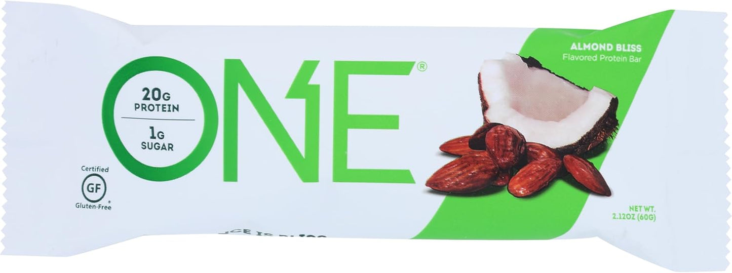 ONE Protein Bars, Almond Bliss, Gluten Free Protein Bars with 20g Protein and only 1g Sugar, Snacking for High Protein Diets, 60g (12 Pack) [Packaging May Vary]